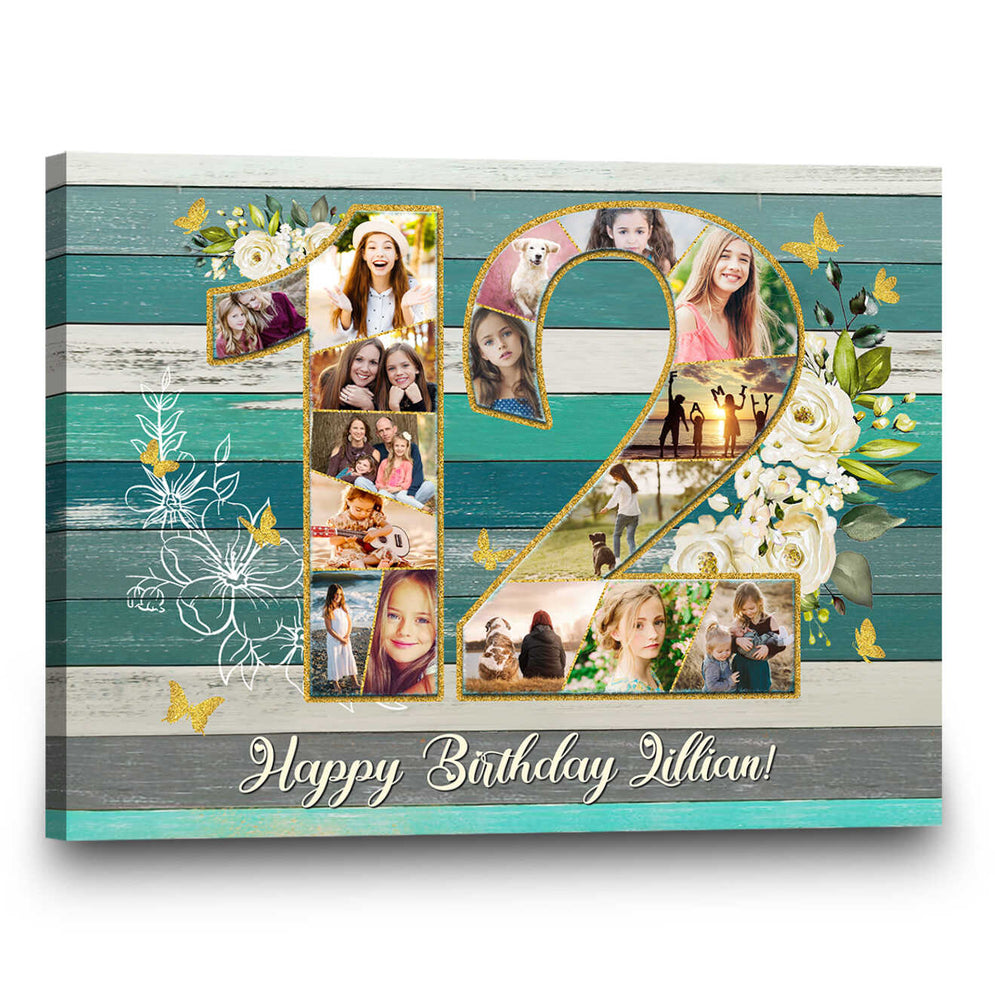 Personalized 12th Birthday Photo Collage Gift, Custom Photo Collage Twelfth Birthday Gift, Number 12 Collage Canvas-Custom Canvas-Wrapped Canvas-16x20 inches-Stunning Gift Store