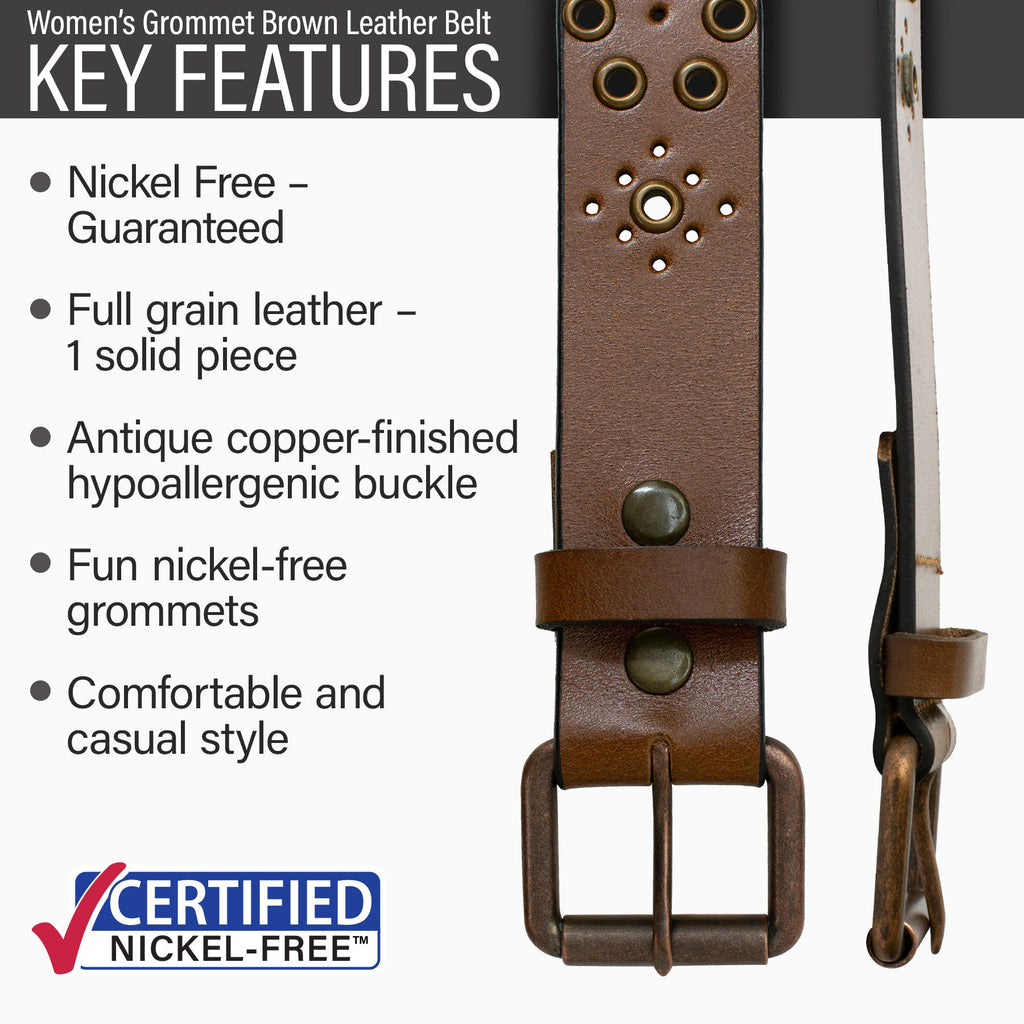 Women's Grommet Brown Leather Belt | Nickel-Free and Hypoallergenic ...