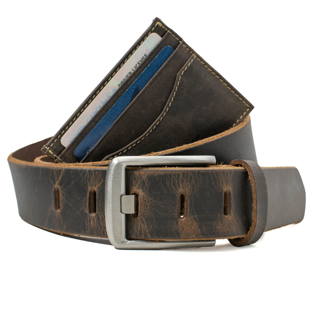 Array Echter Bestrating Wide Pin Titanium Belt Set with Matching Distressed Leather Wallet