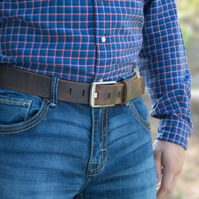 Titanium Belt with Distressed Leather Strap | Wide Pin Buckle – Athena ...