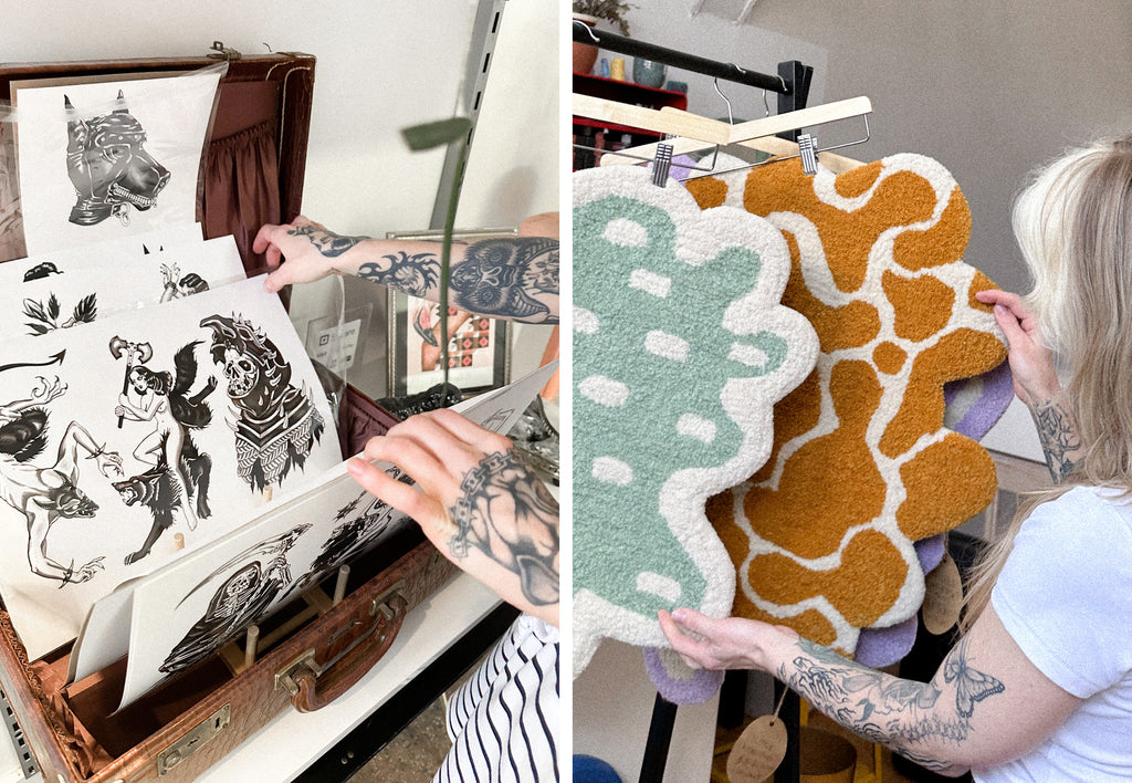 A side by side image of a close up of Tattoo art in a binder and another image of colourful rugs