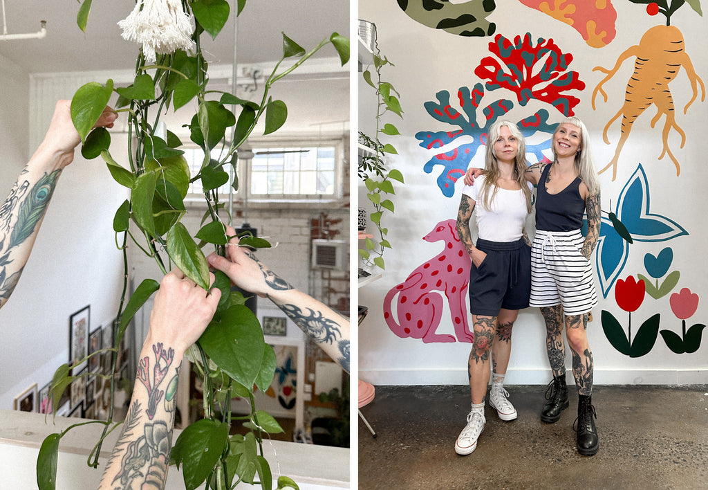 A side by side image with the first one featuring two sets of hands holding onto a plant like a rope and the other image featuring twin sisters, Charlotte and Victoria Brumwell