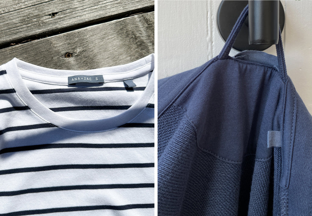 A side by side image of a t-shirt in deep sea stripe and the Tokyo Coat in Deep sea hanging on a hook 