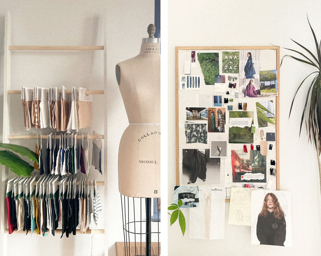 A side by side photo of a model form in Ana and Zac's Lunenburg studio and a photo of Anna's design studio cork mood board with different inspiration photos for her designs