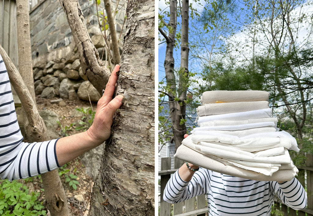 A side by side photo with Laura wearing our Sailor Top in Deep Sea Stripe with her hand pressed up to a tree and another photo of Laura holding up a pile of organic cotton 