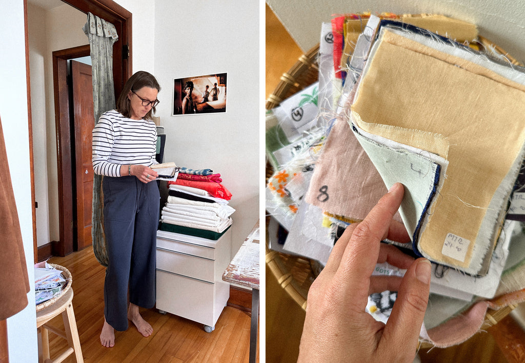 A side by side photo of Laura standing in her home showing us some of the organic cotton fabric swatches from India and a photo of a close up of the swatches 