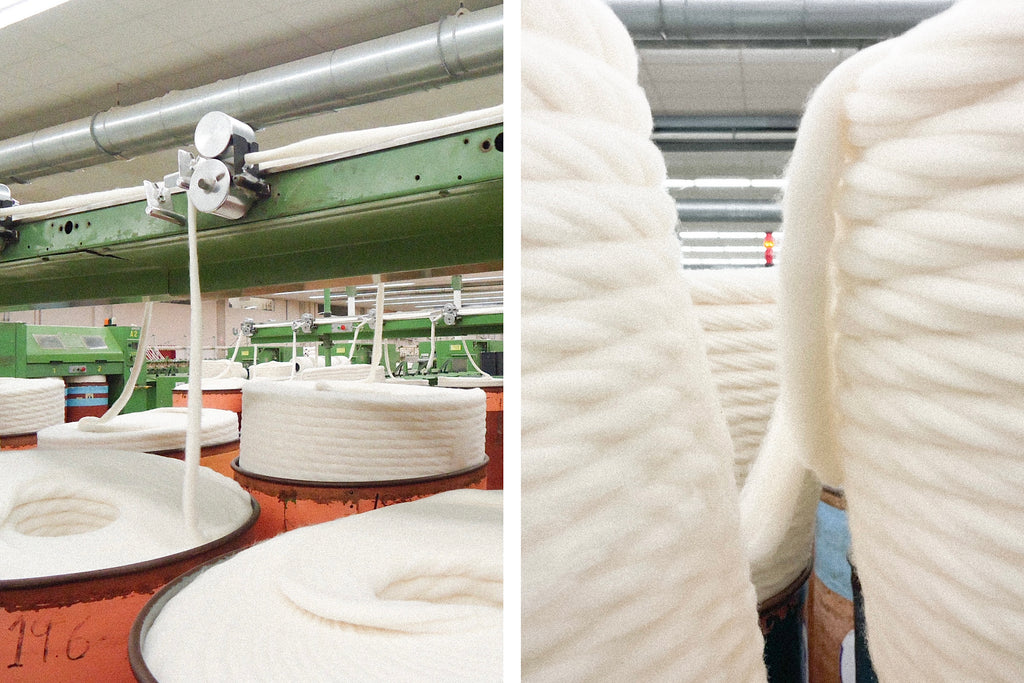 side by side image of the yarns being spun and a close up of the yarns