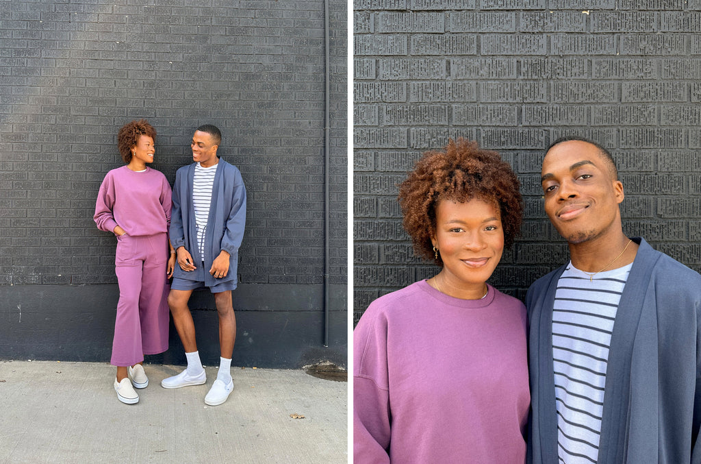 Two images of Niyi and Deb wearing our French Terry collection in Grape and Deep Sea 