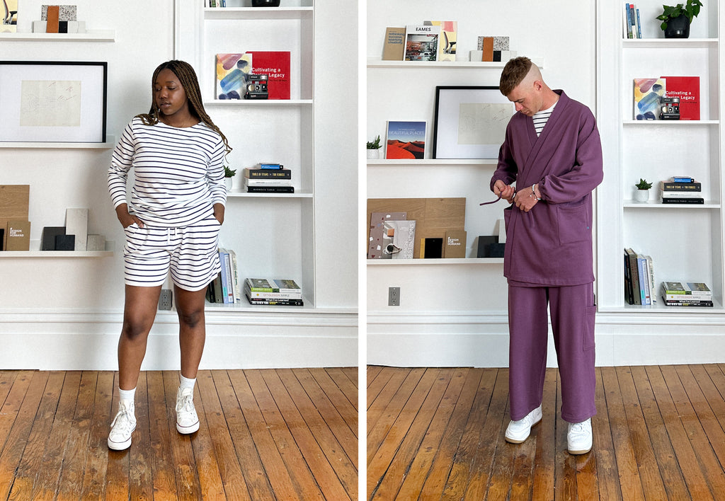 A side by side photo of Mariam wearing the Sailor Tee in deep sea stripe and the matching Tennis Short and Cory wearing the matching French Terry set in Grape 