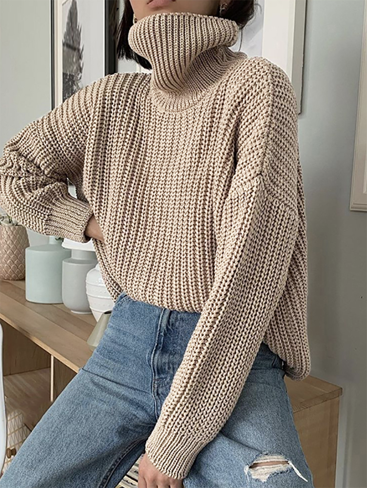 Woman Comfortable Knit Turtleneck Oversize Pullover