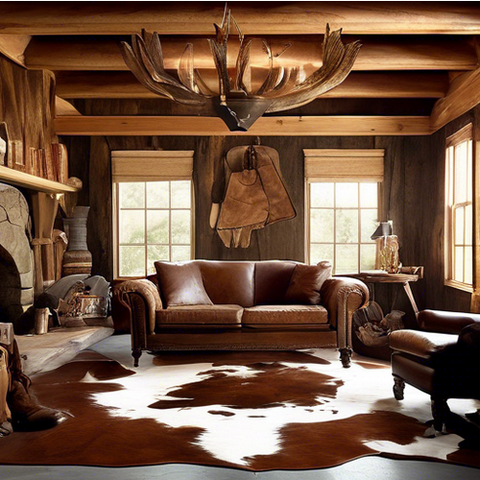 Large cowhide rug in western themed living room - Your Western Decor
