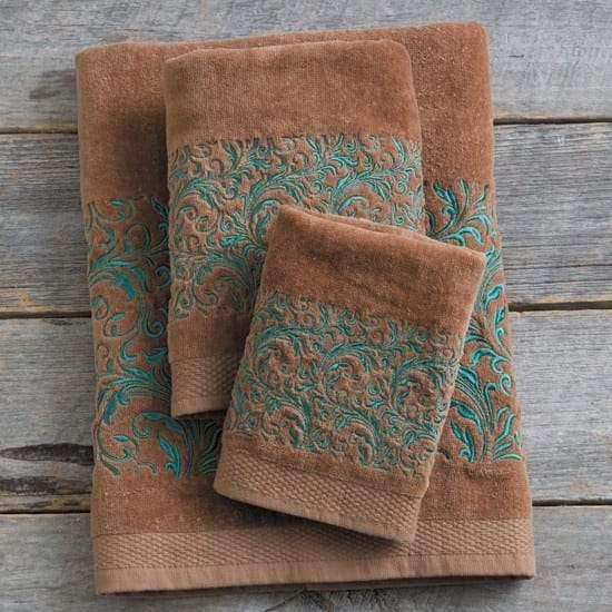 turquoise and brown bath towels