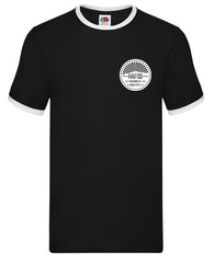 Hafod Brewery Branded Black T-shirt with contrast white collar and short sleeve cuffs.