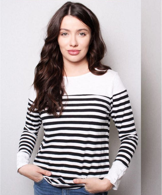 Famulily Women's Lace Up Front Long Sleeve Tops Striped Crew Neck