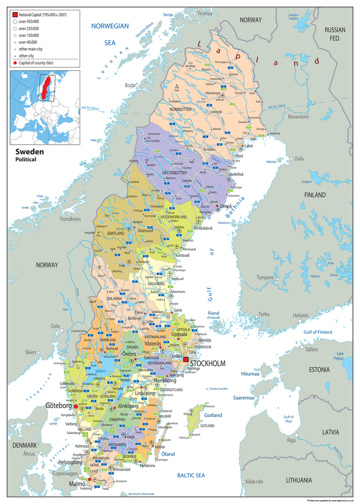 Sweden Political Map – Tiger Moon