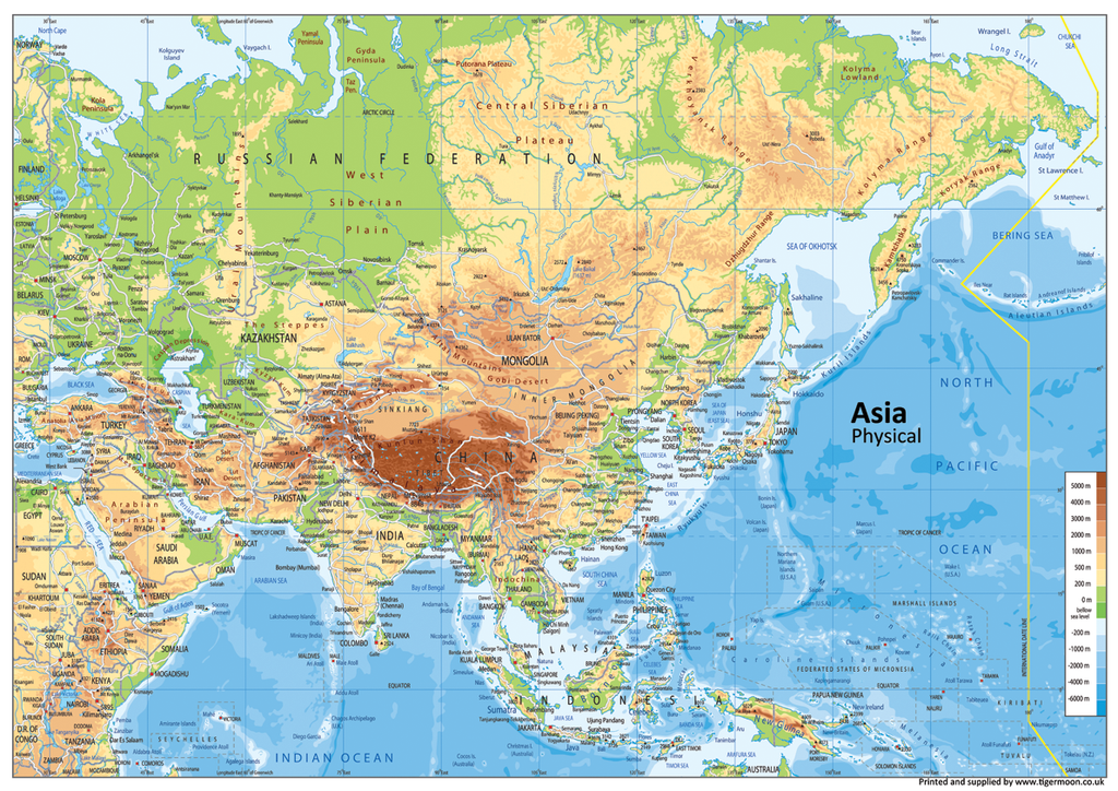 Asia Physical Map – Tiger Moon