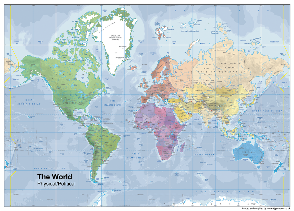 World Physical Political Mix Map – Tiger Moon