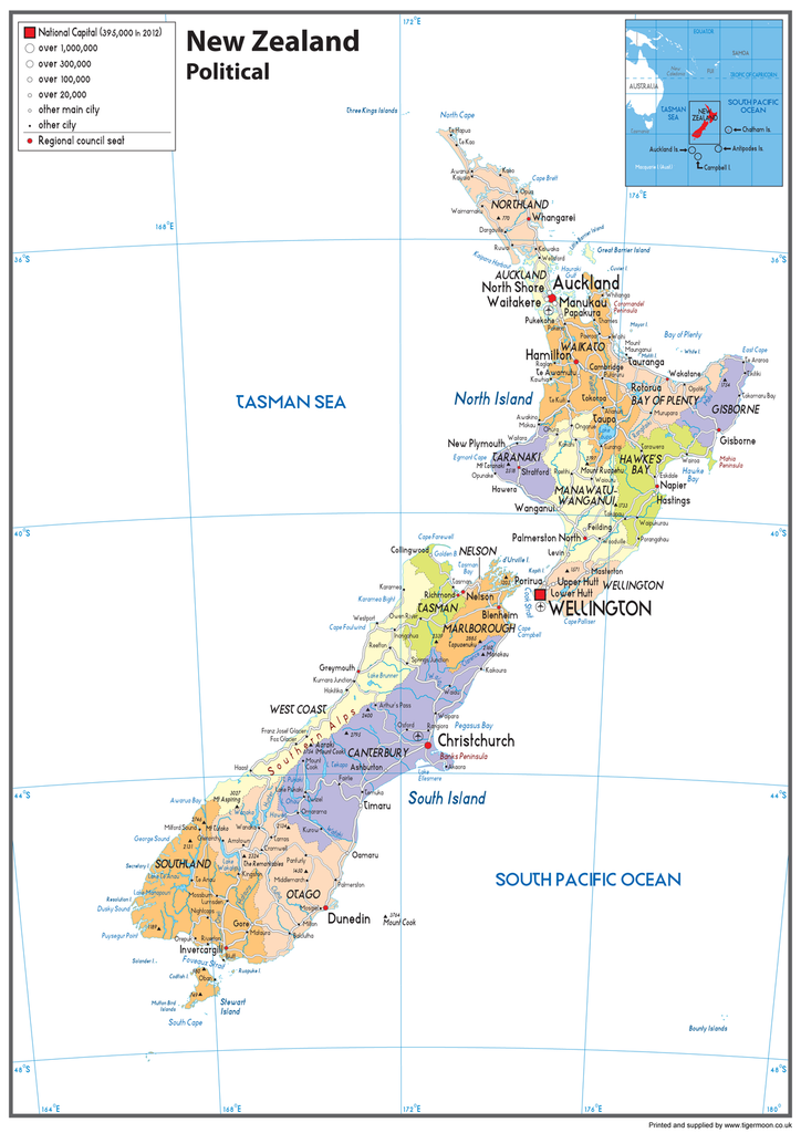 New Zealand Political Map – Tiger Moon
