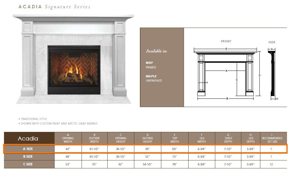 Majestic Acadia 44" Flush Wood Mantel Specs