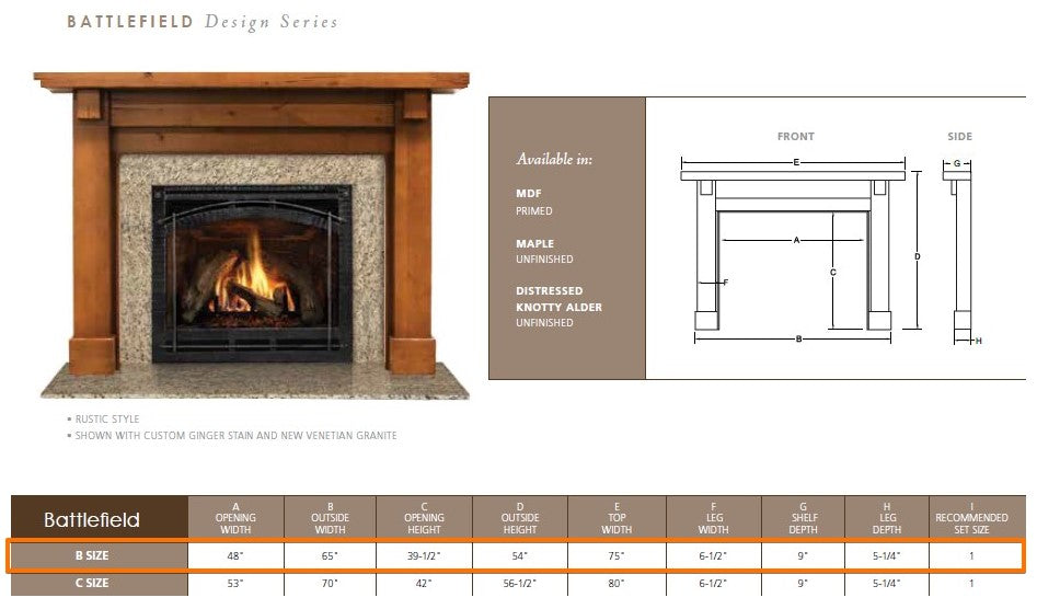 Majestic Battlefield B 48" Flush Wood Mantel Specs