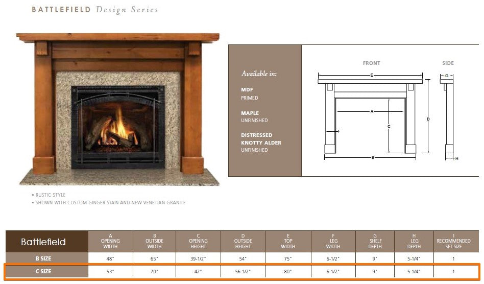 Majestic Battlefield C 53" Flush Wood Mantel Specs