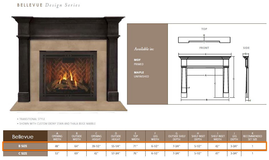 Majestic Bellevue B 48" Flush Wood Mantel Specs