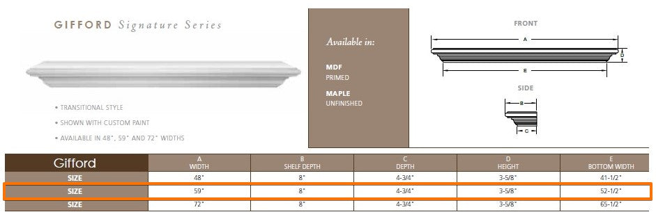 Majestic Gifford 59" Wood Mantel Shelf Specs