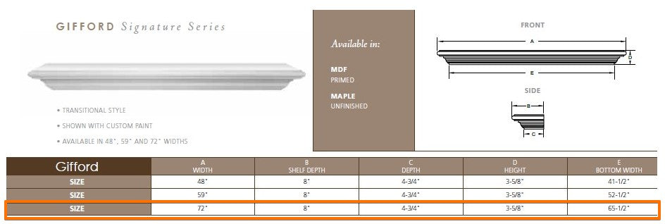 Majestic Gifford 72" Wood Mantel Shelf Specs