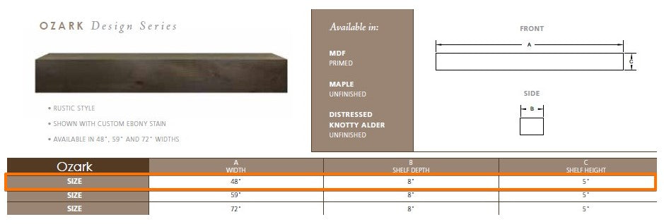 Majestic Ozark 48" Wood Mantel Shelf Specs