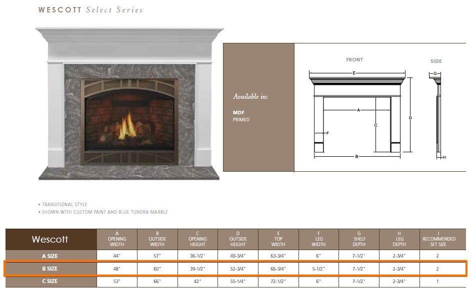 Majestic Wescott B 48" Flush Wood Mantel AFWTMPB Specs