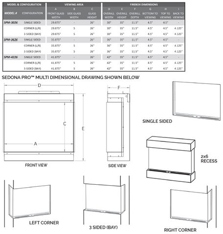 Modern Flames Sedona Pro Multi Series 3-Sided Electric Fireplaces Specs