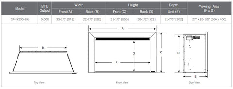 SimpliFire 30" Electric Insert Fireplace SF-INS30-BK Dimensions