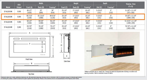 SimpliFire Allusion 48" Electric Fireplace SF-ALL48-BK Specs