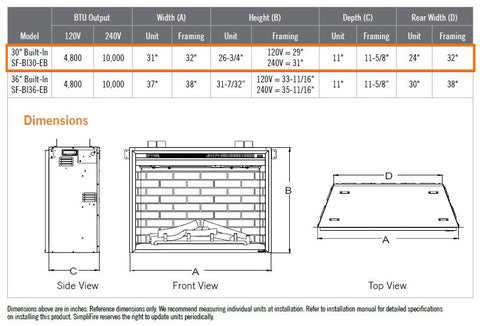 SimpliFire Built-In 30" Electric Fireplace SF-BI30-EB | Flame Authority - Trusted Dealer