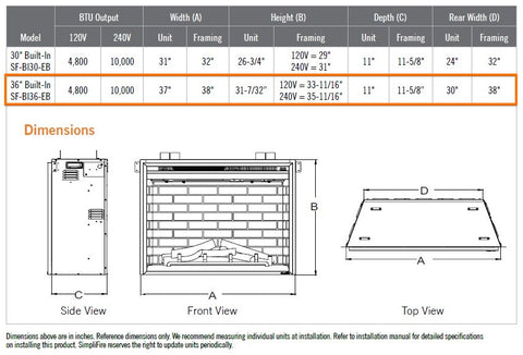 SimpliFire Built-In 36" Electric Fireplace SF-BI36-EB | Flame Authority - Trusted Dealer