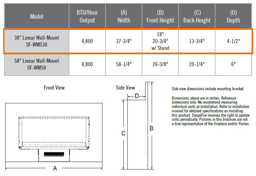 SimpliFire Modern Wall-Mount 38" Electric Fireplace SF-WMS38-BK | Flame Authority - Trusted Dealer