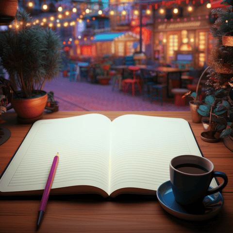 Cahier et stylo sur une table avec un café