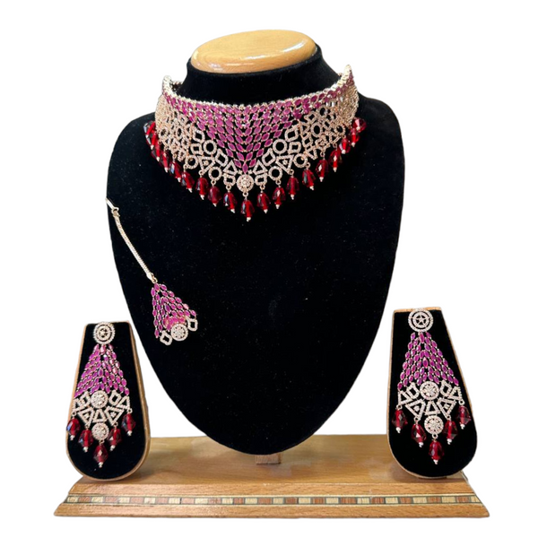 Zenia Creations Rose Gold Bridal Necklace Set with Uncut American Diamond CZ & Red Stones BS9