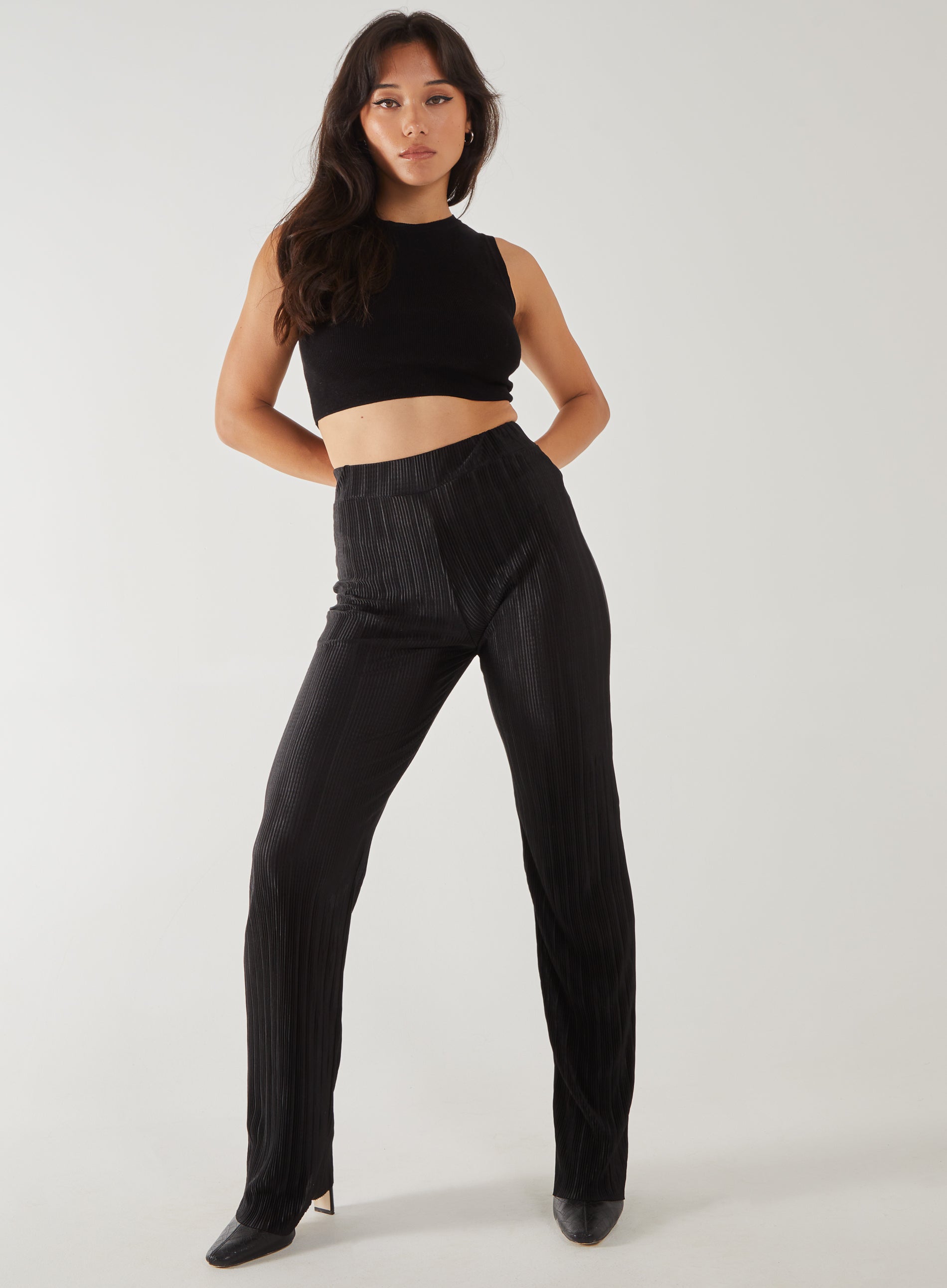 Plisse Flared Trousers  - L  - Black