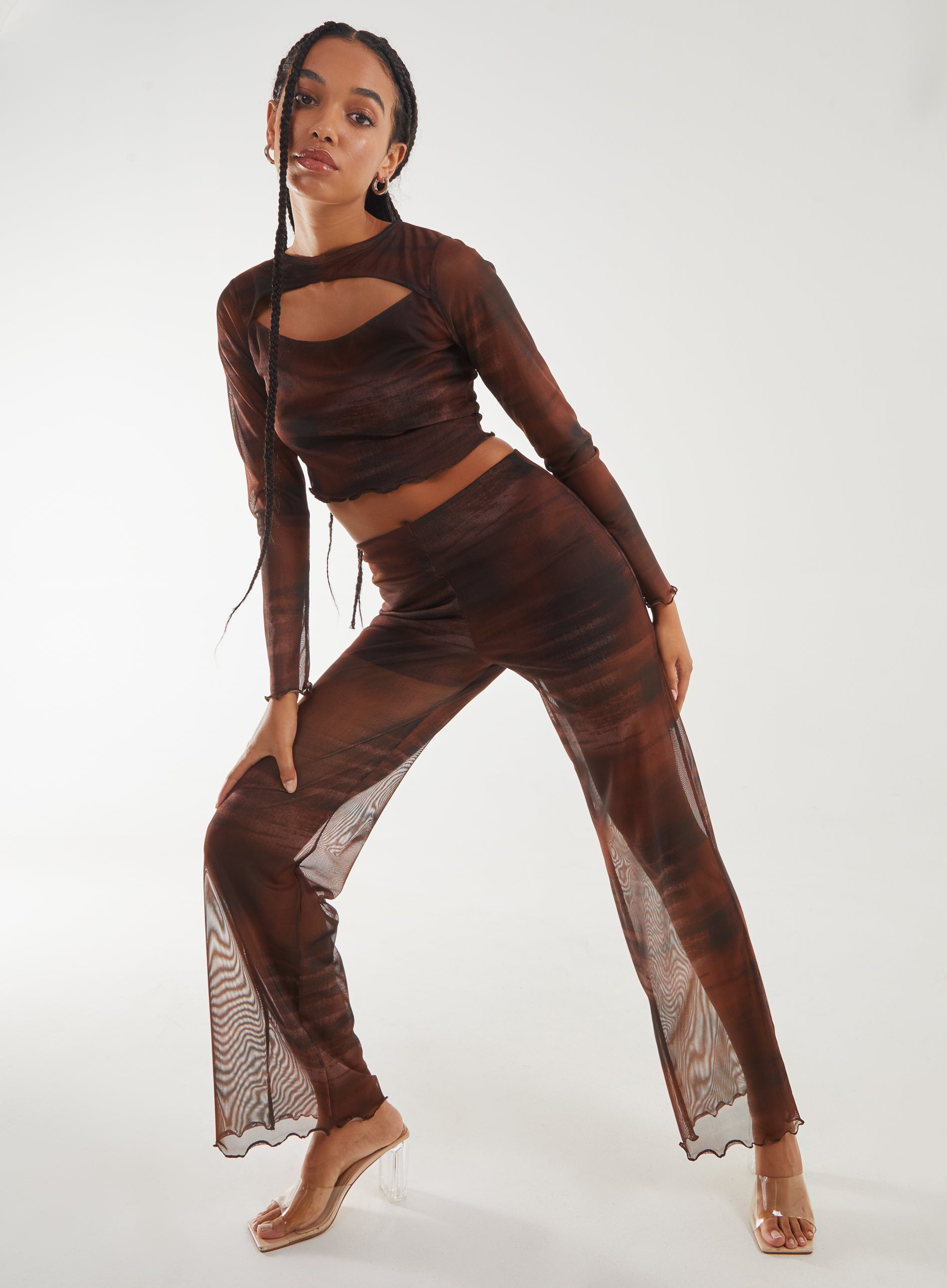 Saturn Mesh Flare Trousers  - L  - CHOCOLATE