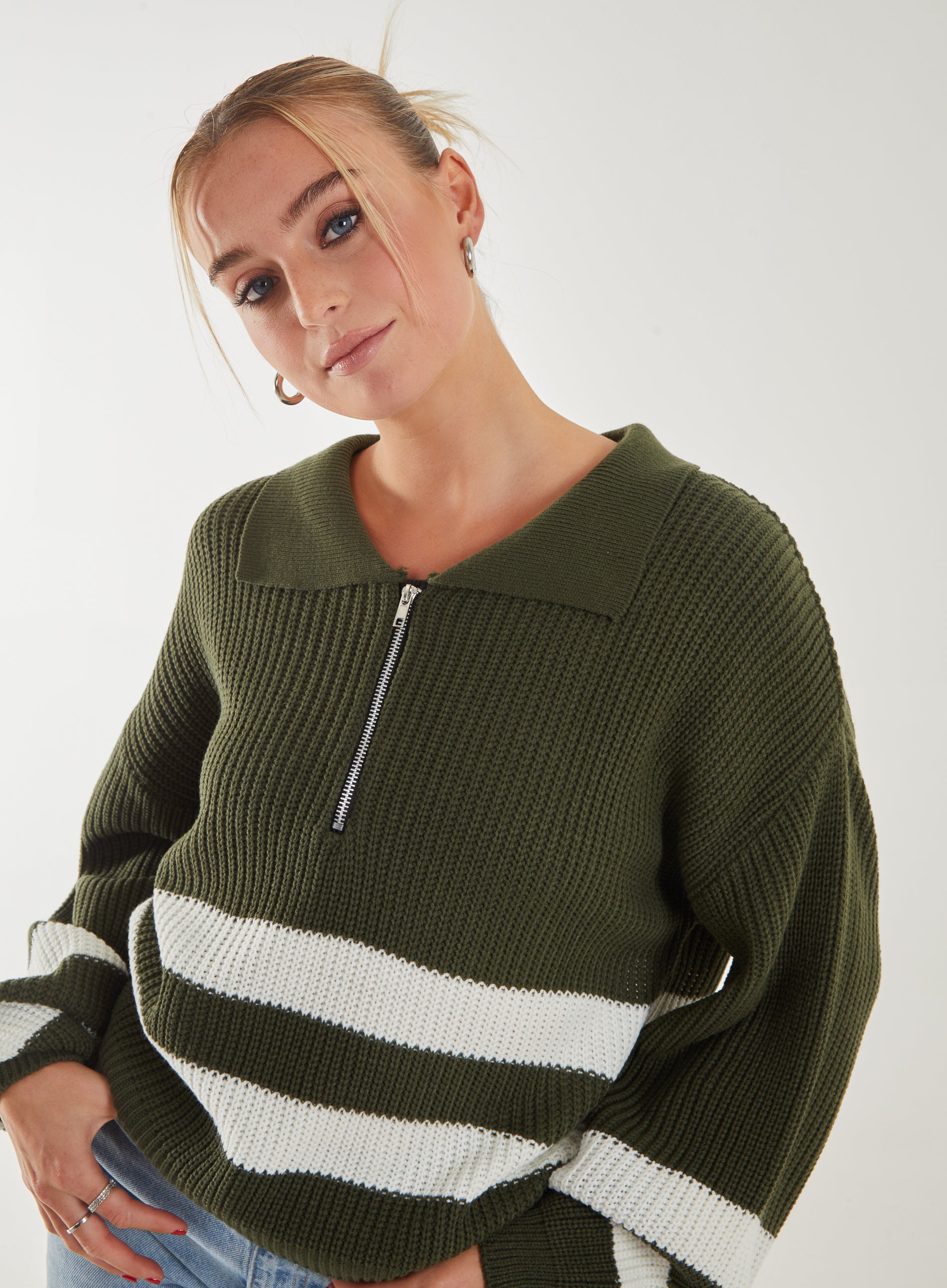 Striped Zip-Up Collar Knitted Jumper  - M/L  - Khaki product