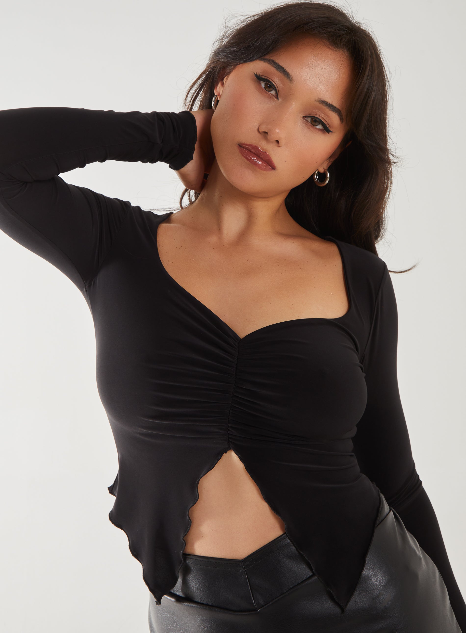 Slinky Ruched Butterfly Top  - L  - BLACK