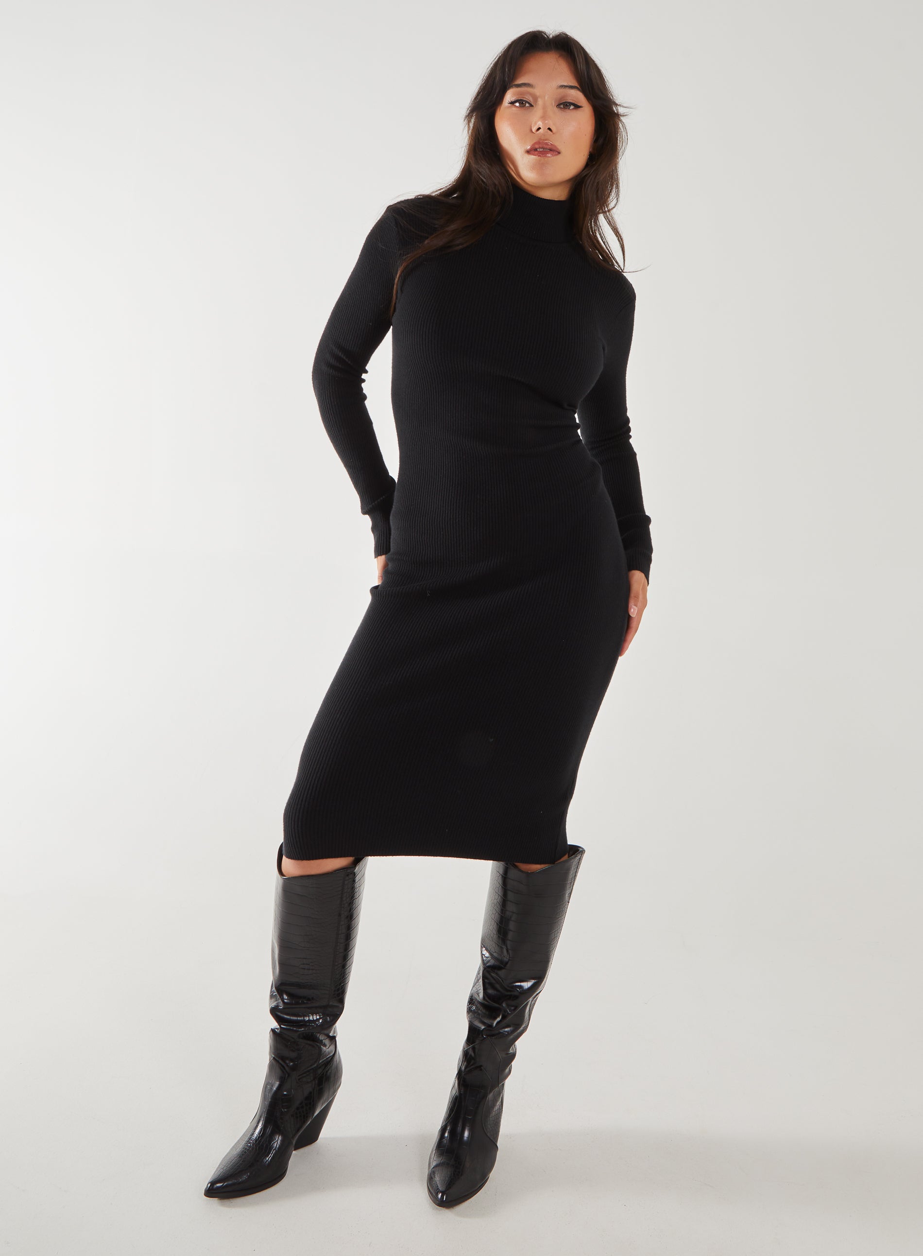 Ribbed Roll Neck Midi Dress  - L  - Black product