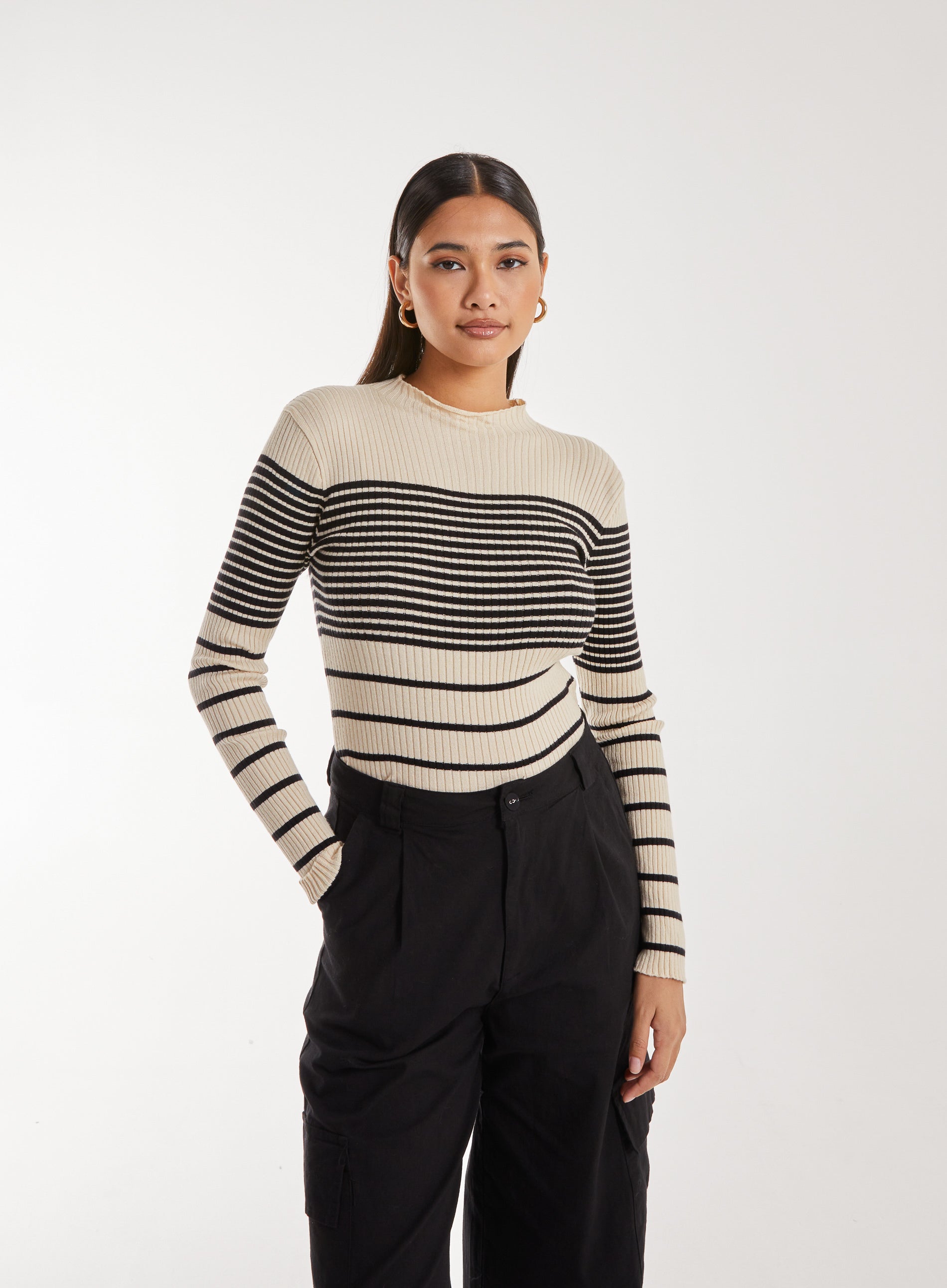 High Neck Mixed Stripe Jumper  - M/L  - Stone/Black product