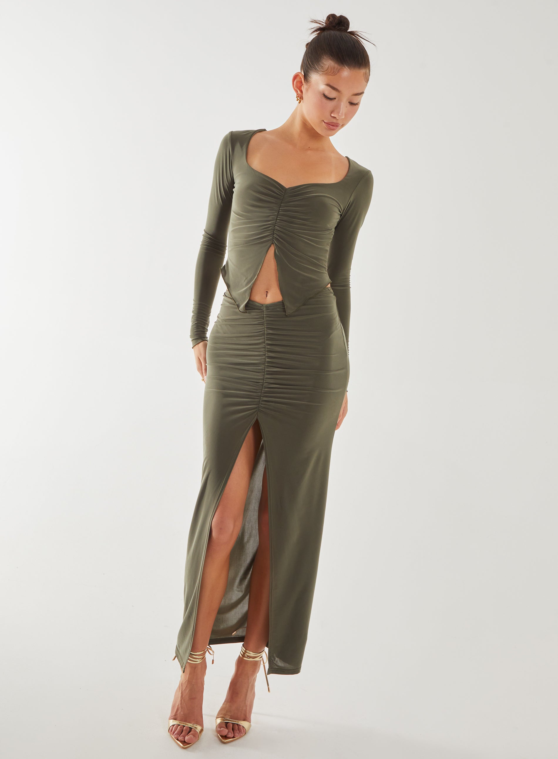 Slinky Ruched Maxi Skirt  - L  - KHAKI