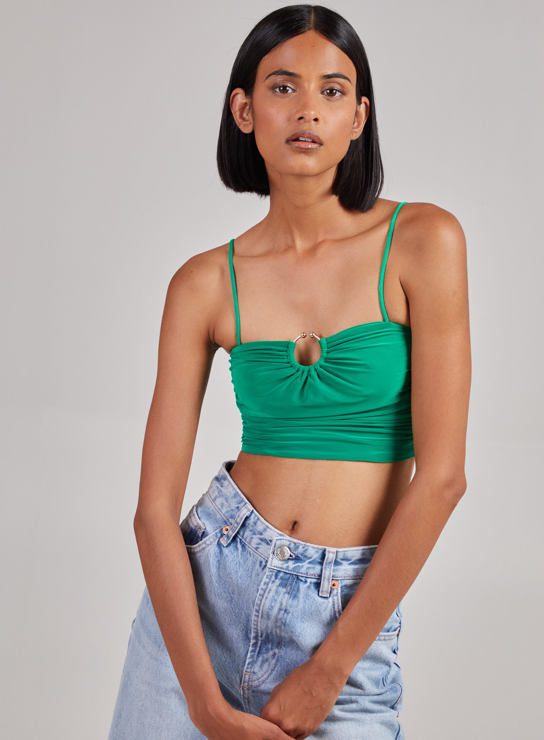 Gathered Ring Detail Slinky Cami Top  - L  - Green