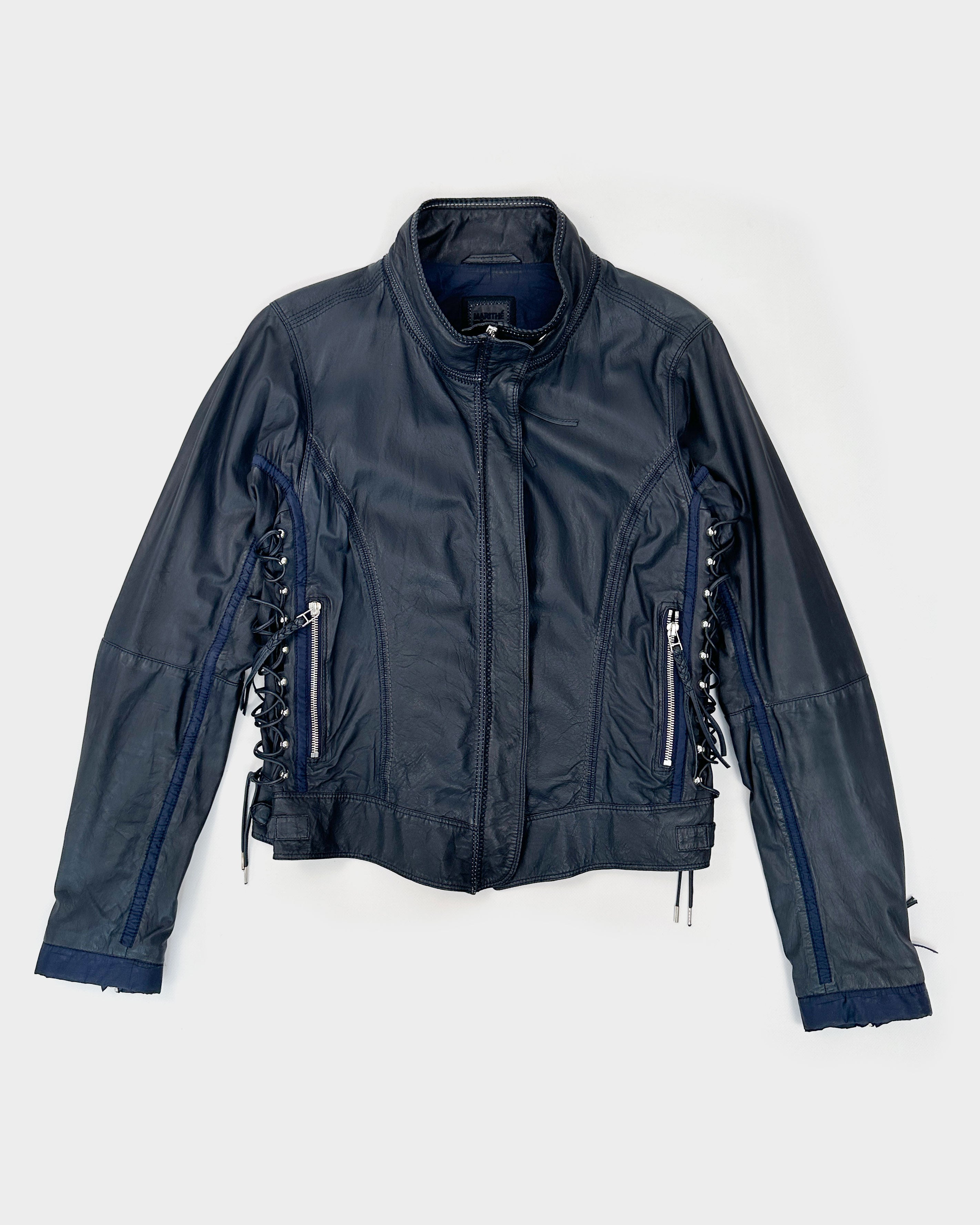 image of Marithé Francois Girbaud Blue Leather Bondage Jacket 1990's