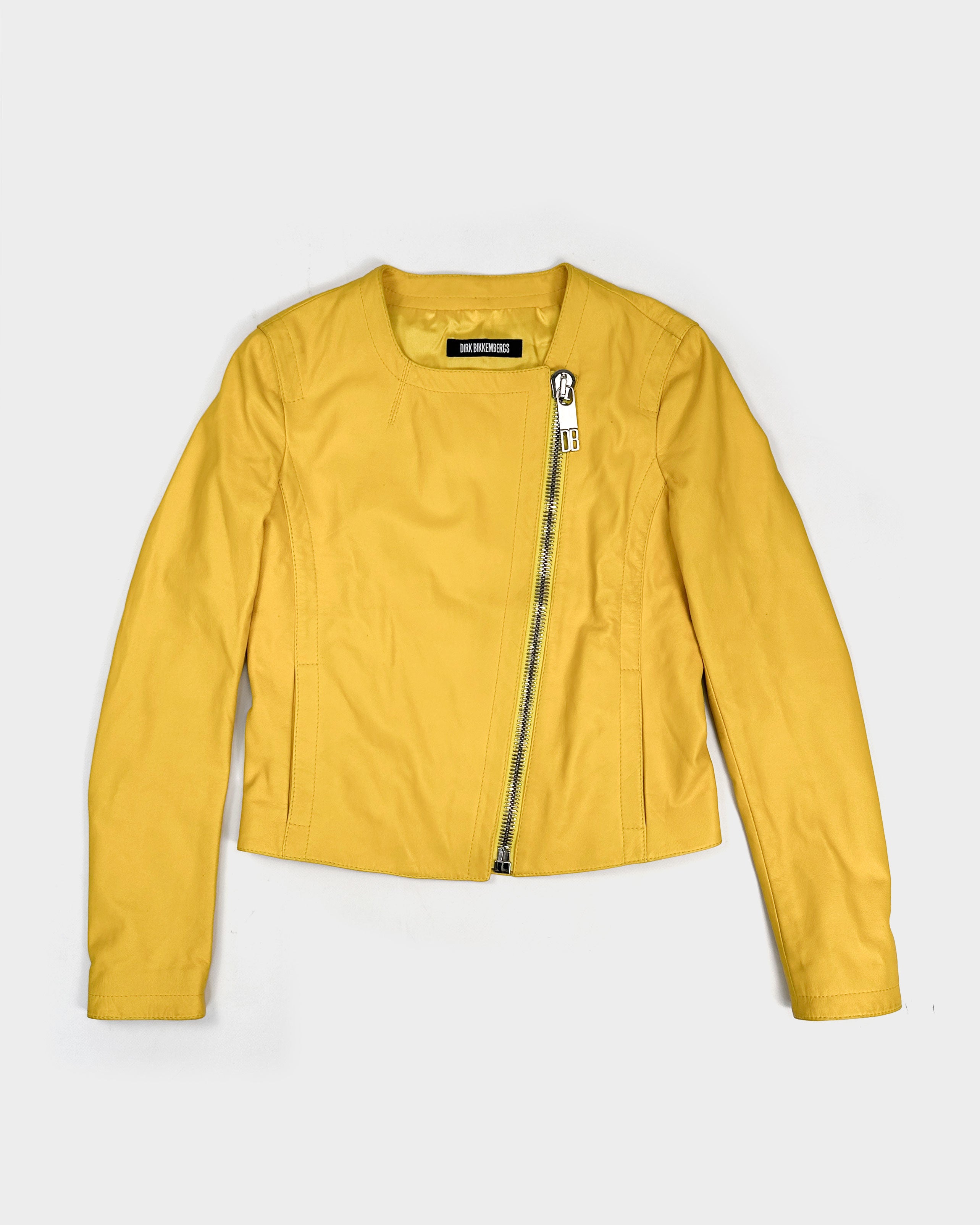 image of Dirk Bikkembergs Off Centered Zip Yellow Leather Jacket 2000's