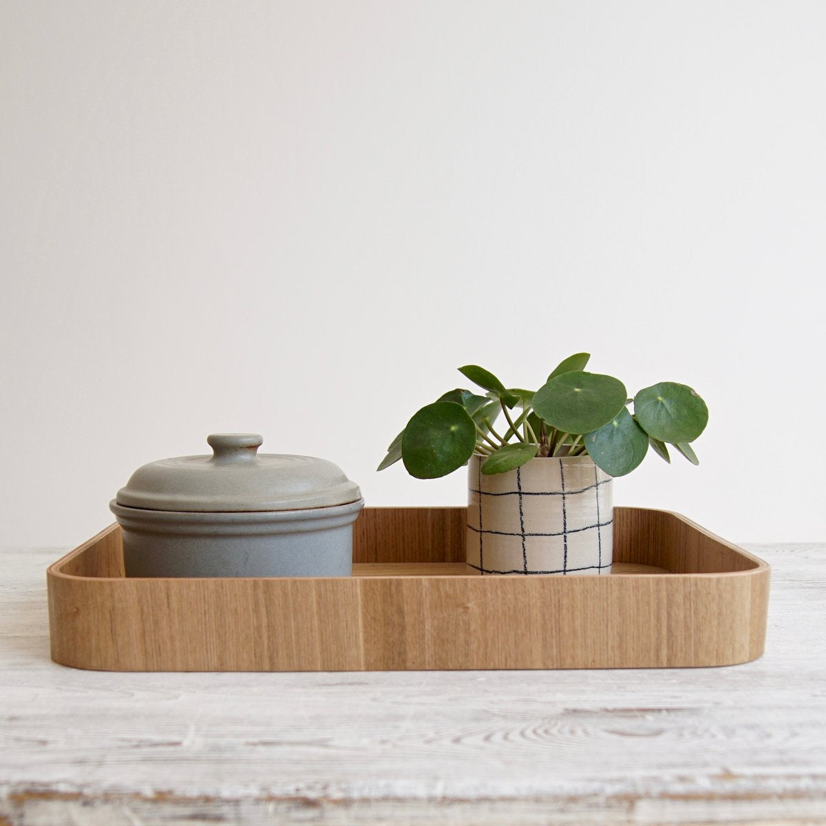 plywood tray featuring two plant pots