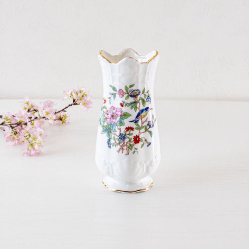 美品 アンティーク イギリス製 エインズレイ ペンブロック 花瓶 (1) 小 フラワーベース 白 陶器 花柄 和風 鳥 おしゃれ